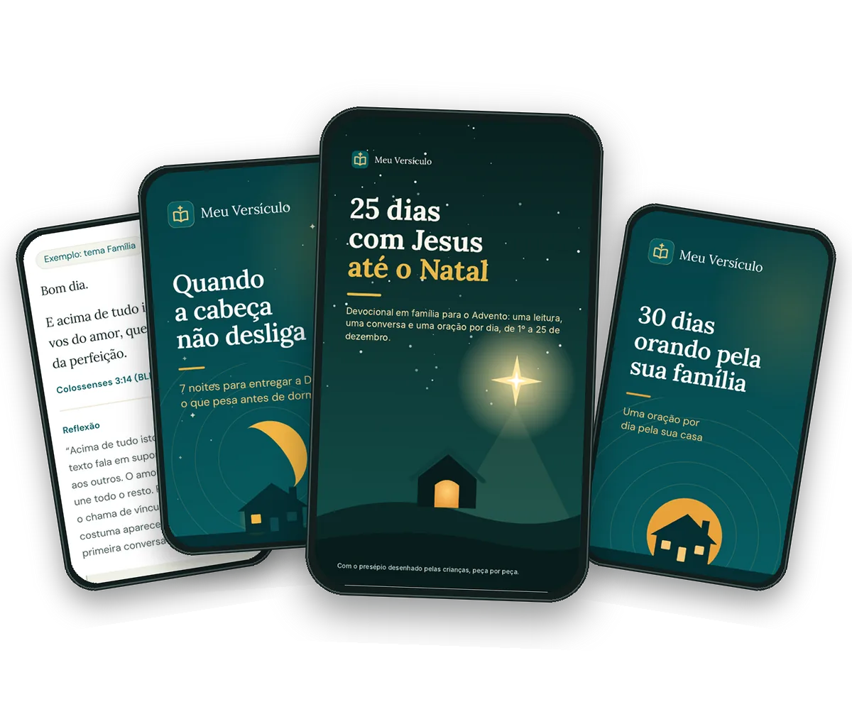 Quatro celulares com as capas do kit: 25 dias com Jesus até o Natal, Quando a cabeça não desliga, 30 dias orando pela sua família e a leitura da manhã do Meu Versículo.