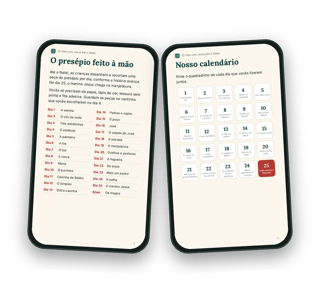 A página do presépio feito à mão, com a peça de cada dia, e o calendário de 25 quadradinhos para pintar.